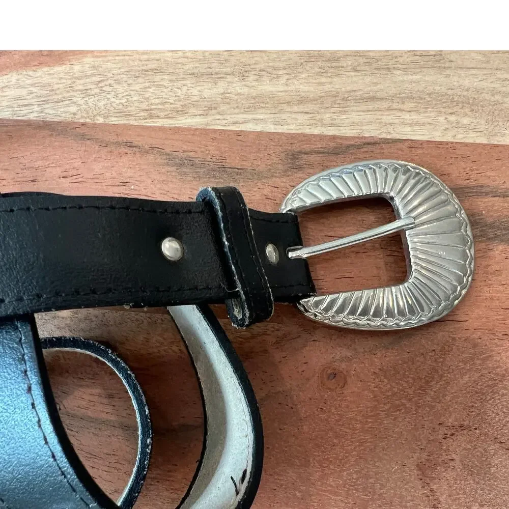 M/L leather belt western silver tone buckle studded black women's Y2K Gothic